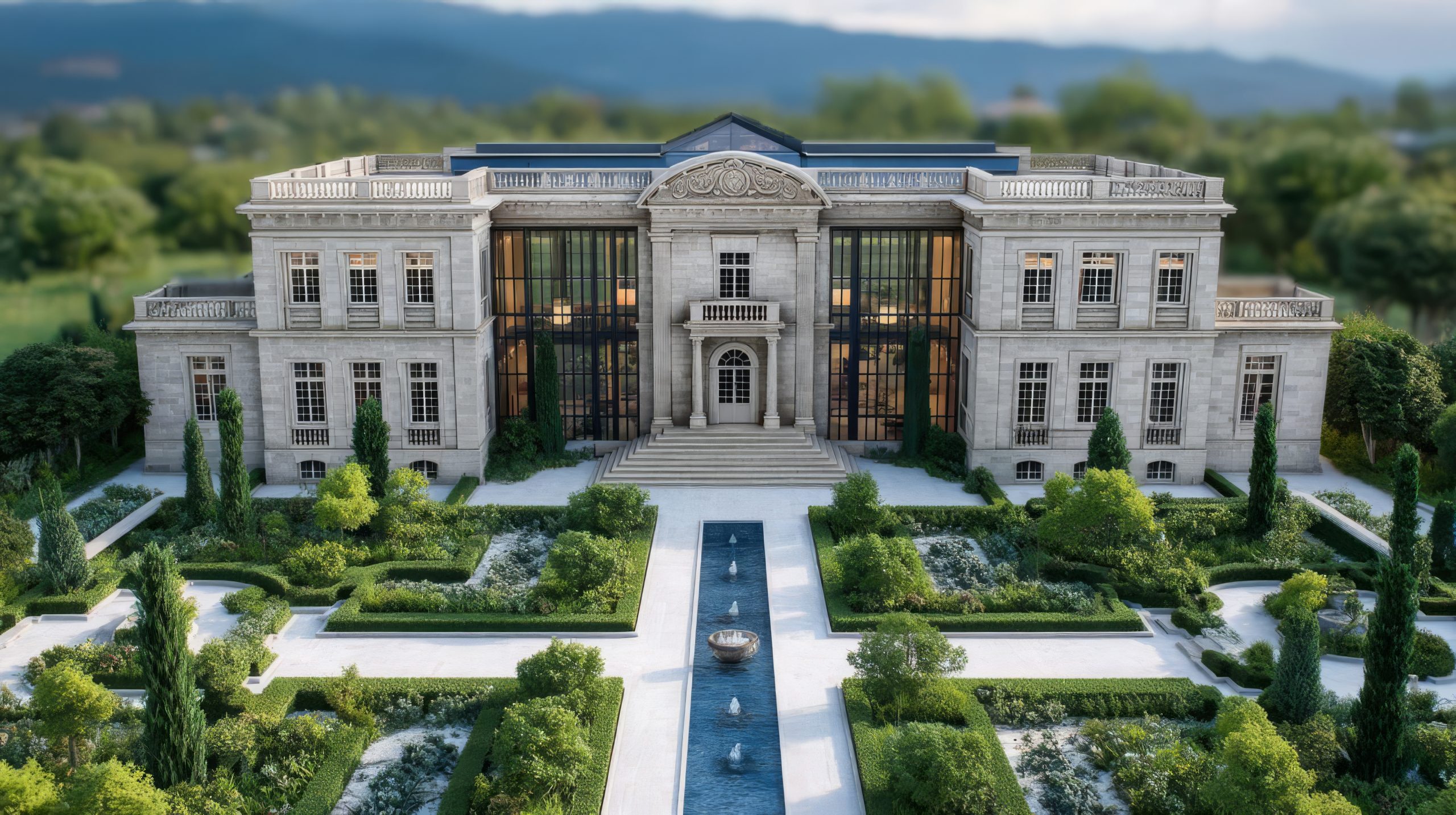 Historic chateau reimagined with limestone architecture and formal gardens